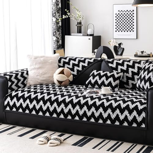 Chenille-Sofabezug für 1-, 2-, 3-, 4-Sitzer, Ledercouch, rutschfester Sofabezug für Wohnzimmer, Ecken, L-U-Form, Sofa, wendbarer Sitzschutz für Haustiere, Schwarz, 70 x 70 cm