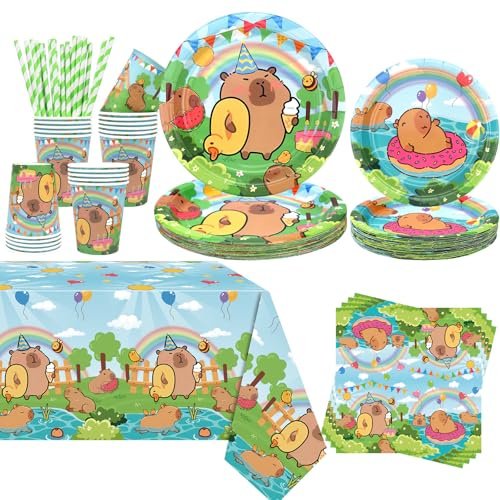 Obussgar Capybara Party Decoration - Capybara Birthday Party Tableware Supplies Includes Plates, Cups, Napkins, Tablecloth, Straws - Serves 20