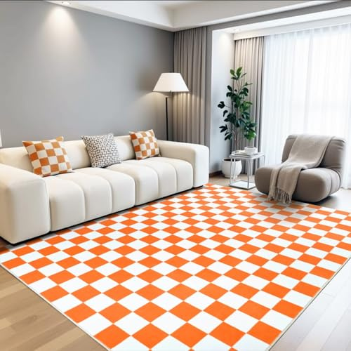 Terrug Orange und Weiß karierter Teppich für Wohnzimmer, 183x274 cm Bereichsteppiche waschbar mit rutschfester Unterseite für Schlafzimmer, weicher niedriger Flor fleckenresistent Retro-Teppich für