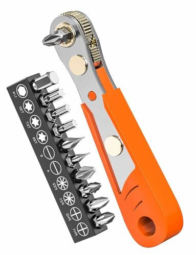Generic Mini Orange Offset Ratchet Right Angle Screwdriver, 1/4” PH2, High Torque, Reversible, Magnetic, Set with Screwdriver Bits