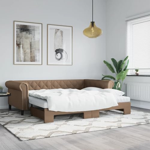 LAPOOH Tagesbett Ausziehbar mit Matratzen Braun 90x200 cm Kunstleder, Schlafsofa, Daybed, Bettsofa, Sofa Bed, Sofabett, Schlafcouch, Jugendbett, Bettgestell, Bettcouch - 3197730