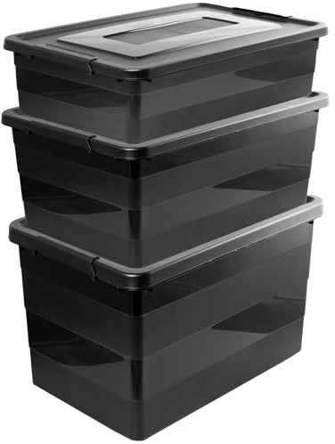 EDANTI 3x Aufbewahrungsbox Mit Deckel Mit Rollen 3er-Set 28L, 40L, 55L Organizer Kunststoff Behälter Container Mit Rädern Kleiderboxen Box Plastik Schwarz