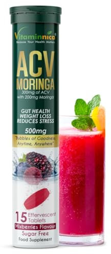 Vitaminnica ACV Moringa 15 Effervescent Tablets 500mg Apple Cider Vinegar with No Added Sugar for Gut Health | Weight Loss | Reduces Stress | Mixberries Flavour (1)