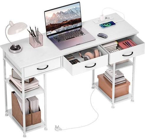 HOMCOM Escritorio de Ordenador con 2 Puntos de Carga USB y 2 Tomas de Corriente, Escritorio con Almacenamiento de 120 x 40 cm, estantes Ajustables y 3 cajones de Tela, estación de Trabajo, Estructura