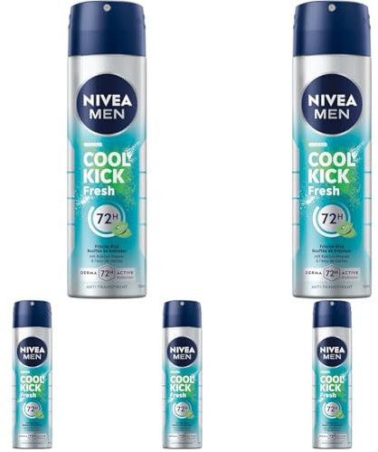 NIVEA MEN Cool Kick Fresh Deo Spray, Deodorant mit 72h Antitranspirant-Schutz gegen Schweiß und Körpergeruch, Deospray mit Kaktuswasser ohne Ethylalkohol (150 ml) (Packung mit 5)