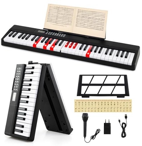 RELAX4LIFE Pianoforte Digitale Pieghevole a 61 Tasti Semi-pesati, Tastiera Elettronica Illuminata con 2 Altoparlanti, 3 Modalità Didattiche, 200 Toni, 200 Ritmi, 80 Demo, Leggio, Microfono e USB/MIDI
