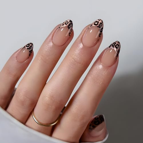 Press On Nails Short,Lamp-Curable Leopard French Tip False Nails with with Accessory Tools, Semi-Transparent Stick On Nails for Women in 16 Sizes,32 Almond Fake Nail Kit, Wild Cheetah