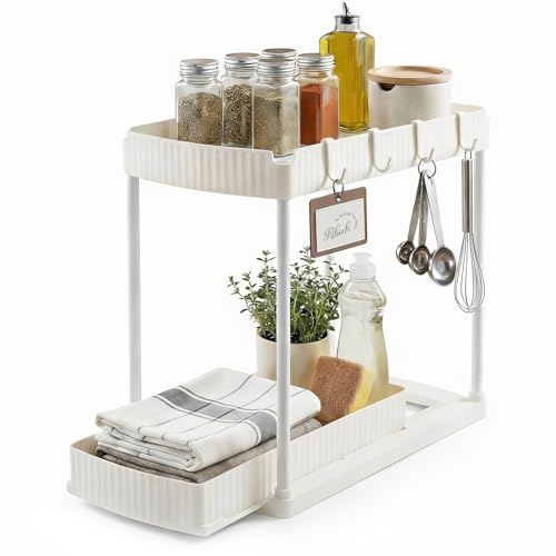 Ribech Organizador bajo Fregadero 2 Niveles con Cajón Extraíble – Sin Herramientas Estante con 4 Ganchos, para Baño & Cocina, Blanco