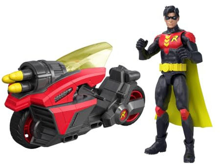 ​Mattel DC Premier 6.5in Robin Figure & Cycle Vehicle | Motorycle with Missile Projectile Launcher, Excluisive Deco Robin, Cycle Has Batlink Modular Features to Mix and Match