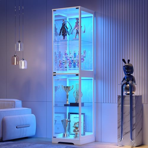 FREDEES Glass Display Cabinet with LED Lights, 165CM Tall, White | 3-Color Lights, 4-Tier Storage Shelf, Space-Saving, for Collectibles/Toys/Books, for Living Room