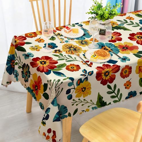 iEvery Vintage Flower Tablecloth Wipe Clean 100x140cm, Wipeable Rectangular Table Cloth Waterproof Stain-Resistant Polyester Table Cover for 2-3 Seater Dining Kitchen Patio Garden Party Outdoor Decor
