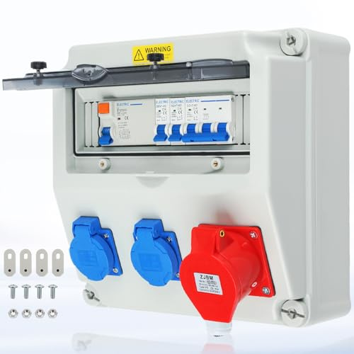 Warmfay Wandverteiler 2x 230V Schuko + 1x CEE 400V 16A, IP54 Wasserdicht | Vorverkabelt Baustromverteiler mit FI-Schalter und LS Schalter, Stromverteiler Wetterfest für Innen und Außen