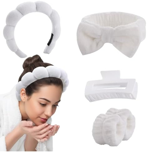HUZNA Ensemble de 5 Pièces de Bandeau Spa pour Femme, Bandeau Antidérapant pour le Lavage du Visage, Maquillage et Soins de la Peau, avec Pince à Cheveux et Protège-poignets