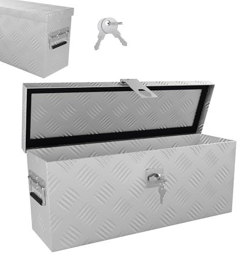 Froadp Aluminium Kiste mit Deckel, 520x160x220 mm Alubox Werkzeugkiste abschließbar, wasserdichte Alu Transportbox für Werkzeuge, Camping & Aufbewahrung (Silber)
