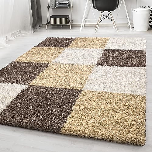 KADIMA DESIGN Hochflor Shaggy Teppich Karo Klassisch Weich Kuschelig Angenehm Waschbar Strapazierfähig Hochwertig 30mm Flor Mokka 80x150 cm Schlafzimmer Esszimmer Schadstoffgeprüft | RHEIN