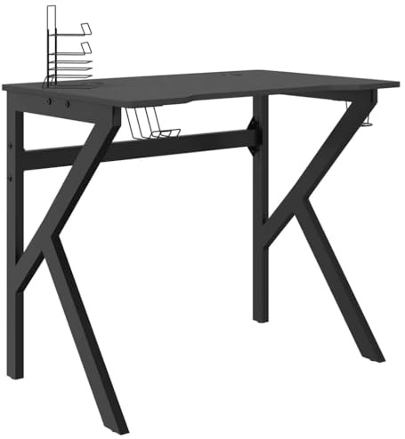 HETFTJN Scrivania da gioco, colore nero, 90 x 60 x 75 cm, a forma di K, in ferro, con supporto per cuffie, supporto per bicchieri, design moderno, robusta, per casa, ufficio, soggiorno, camera dei