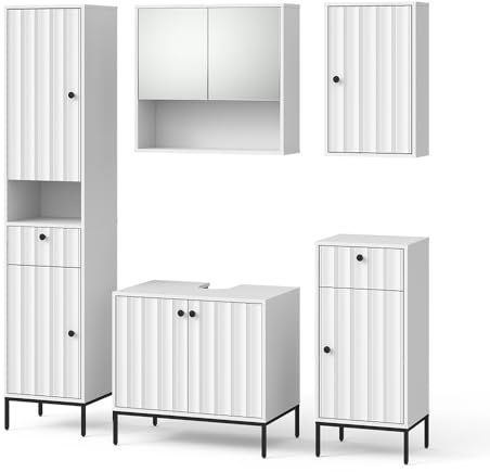 Vicco Badmöbel-Set Eliza, Weiß Riffel, 5 Teile, besteht aus Waschbeckenunterschrank, Spiegelschrank, Hochschrank, Midischrank und Hängeschrank