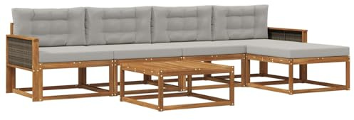 vidaXL Outdoor-Sofagarnitur mit Kissen 6 pcs Natur und Hellgrau, Patio-Lounge-Set, modernes Outdoor-Sofa, wetterfestes Gartenmöbel, Akazienholz