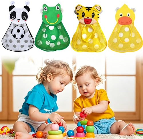 4 PCS Bath Toy Storage, with Suction Cups, Bathroom Toy Organiser, Wall Mounted,Net Storage with Animal Designs