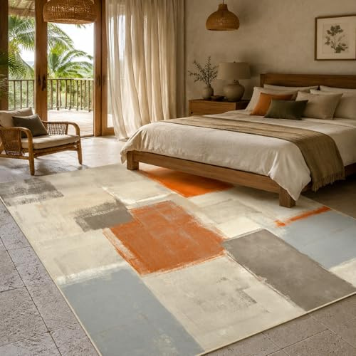 KTYUTJDH Teppiche,Abstraktes Orange, Grau, Weiß, Blau, Rectangular 120 x 170 cm,Teppich Unter Esstisch, Wohnzimmerteppich Schlafzimmer Dekoration,