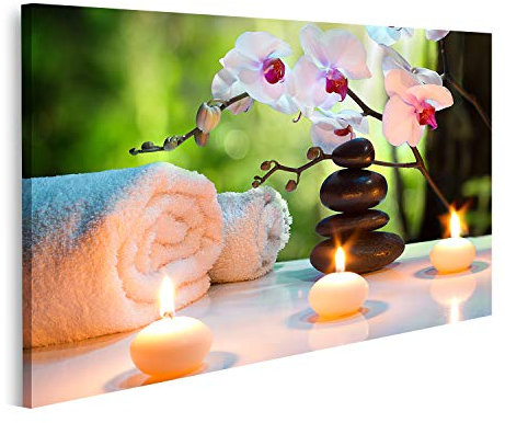 islandburner Bild auf Leinwand Massage Komposition Spa Mit Kerzen Orchideen Und Schwarzen Steinen Im Garten Bilder Wandbilder Poster