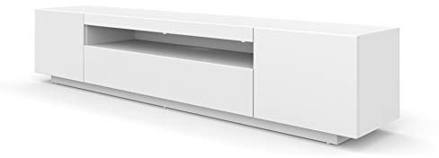 LOWBOARD Meuble TV 200 cm Solo, meuble bas avec LED, meuble TV, tableau TV, buffet RTV, meuble TV, table hi-fi, éclairage LED, blanc (blanc mat sans aucun éclairage)