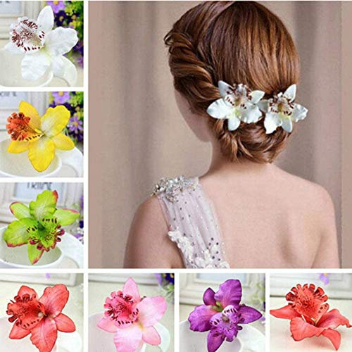 Barrette Fleur Pince à Cheveux Fleur Hawaïenne Pince à Cheveux Double Fleur D'orchidée pour Dame Femmes Filles Accessoires de Style de Cheveux de Fête de Mariage Nuptiale 7 Pack