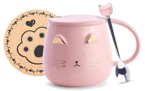 XinHuiGY Pink Mug,Ceramic Coffee Mugs,Cute Cat Cup Handmade Tea Cups with Lid and Tea Spoon Kitty Cups,Hot Chocolate Novelty Mugs Christmas Birthday Mother Day Gift for Girls Women (Pink)