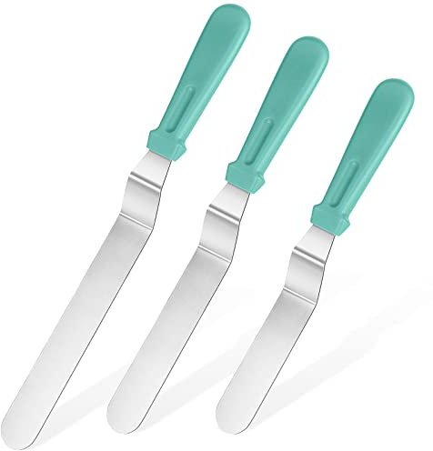 U-Taste Spatule Coudee Patisserie Lot de 3, Glaçage Gâteaux Spatule Décalée en Acier Inoxydable 18/0 avec Poignée en Plastique PP, Lame de 15 cm/20 cm/25 cm (Sarcelle)