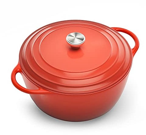Casserole Dish Enamelled - HUABANG Round Cast Iron Pot, Cooking Non Stick Roasting Cooker Dutch Oven Casseroles Dishes, Induction Roasting Shallow Cauldron Cookware with Lid Dual Handles (Red, 26)