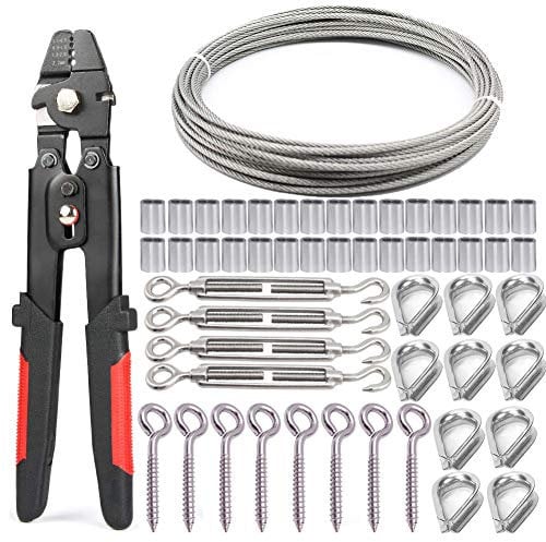 Nikang Drahtseil Crimpzange Set, Stahlseil Presszange + 30M 2mm Edelstahl Drahtseil + 4 Stück M5 Edelstahl Spannschloss + 8 Stück ösenschraube + 30 Stück klemmhülsen aus aluminium + 10 Stück Kausche
