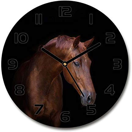 Tulup Glasuhr ⌀ 60cm - Schwarze Zeigern - Wanduhr Wandkunst Bild Gehärtetem Glas Uhr Echtglas Küche Wohnzimmer - Braunes Pferd