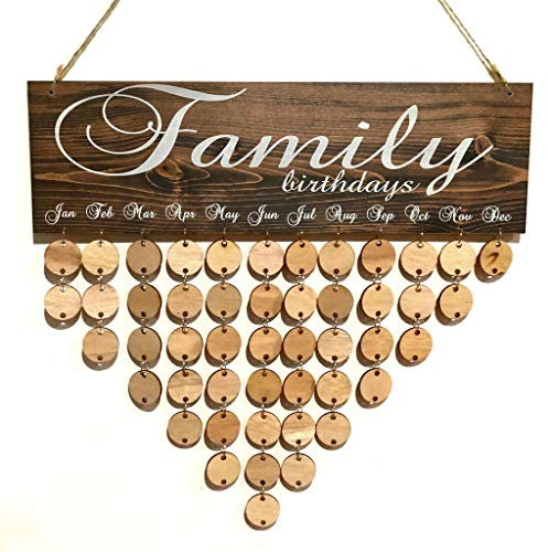 Calendrier mural en bois pour fête d'anniversaire de famille et amis - Décoration murale - Artisanat en bois (impression grain de bois (anniversaire de famille))