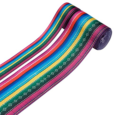 Pandahall 2 Rollen Fiesta-Band, mexikanisches Serape-Band, bunte Regenbogenstreifen, Ripsband-Spitze für DIY-Geschenkverpackungen, Herbsthandwerk (2 Größen, 1 Zoll/2,48 Zoll Breite, 5 Yards/Rolle)