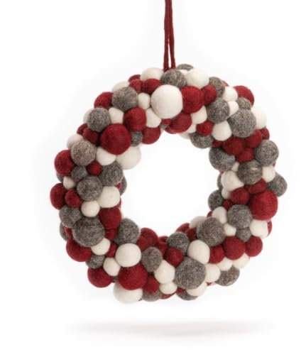 Én Gry & Sif Kugelkranz, rot, grau und weiß, Durchmesser 30cm im Scandi-Stil, Handmade, Fairtrade, Türkranz, Weihnachtsdeko, Weihnachtskranz, Dekokranz zum Aufhängen