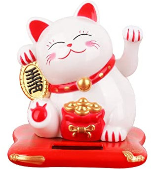 Fortune Cat - Maneki Neko Solar Powered Gato Afortunado Winke Gato, Gato Japones de la Suerte para Decoración del Coche y de la Oficina del Hogar(Blanco)