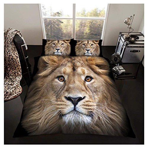 GC GAVENO CAVAILIA Premium Quality Wildlife 3D Duvet Cover, Easy Care Forest Printed Quilt Bedding Set, Lion, Double