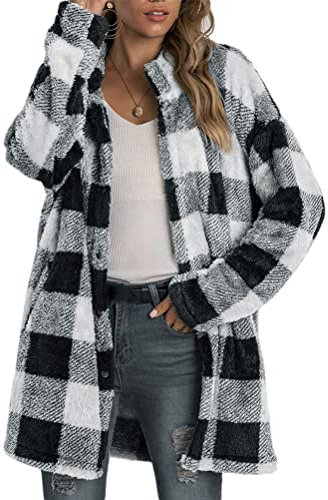 ORANDESIGNE Veste a Carreaux Femme Chaude Polaire Manteau Fausse Fourrure Duveteux Fluffy Blouson Hiver Chic Bûcheron Décontractée Cardigan Ecossaise Gilet Bleu 01 XXL