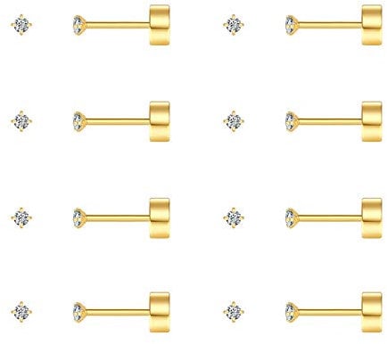 FOSIR 8 Pairs 2mm Tiny Flat Back Earrings for Women Men 14K Gold Plated Surgical Stainless Steel Stud Earrings Cubic Zirconia Cartilage Earring Hypoallergenic (Gold, 2mm CZ)