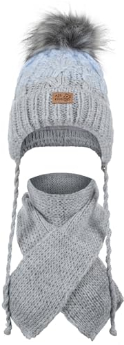 AJS Strickmütze Bindemütze Bommelmütze + Strickschal Winterset 44-46 Baby 6-18 Monate