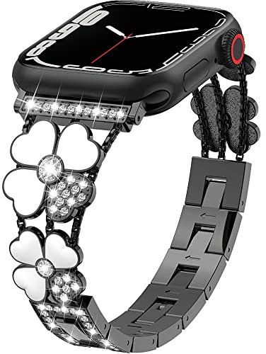 MiRowy Metall Armband Kompatibel mit Apple Watch Series 9 41mm, 【38mm/40mm/41mm】 Band, Damen Edelstahl Bling Diamant Ersatzarmband für iWatch Series 9/8/7/6/5/4/3/2/1/SE/SE2 - Schwarz
