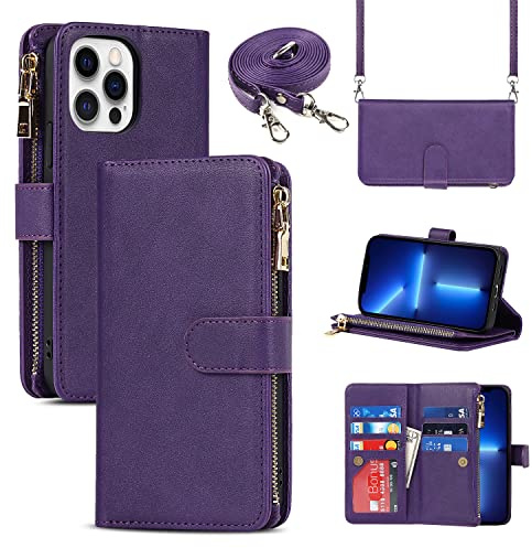 Cavor Crossbody iPhone 13 Pro Case With Card Holder With Strap,Flip Leather Wallet Case,[9 Card Holder] Zipper Detachable Lanyard Phone Case Cover for Women for iPhone 13 Pro - Purple