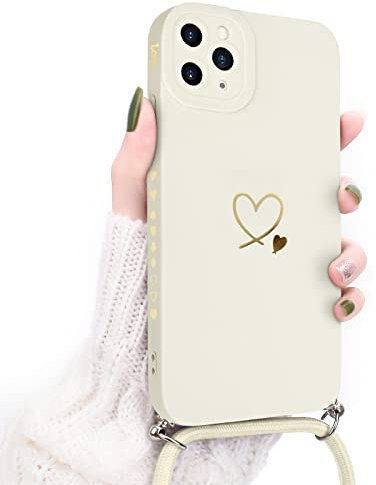 Newseego Handykette für iPhone 11 Pro Max, Süße Herz Muster Flüssigsilikon hülle Kompatibel mit iPhone 11 Pro Max für Frauen Mädchen Herz Seitenrahmen iPhone 11 Pro Max Hülle mit Umhängeband-Weiß