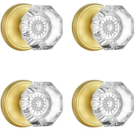 CLCTK 4 Pack Gold Dummy Door Knobs for Interior Doors, Non Turning Crystal Glass Dummy Door Knobs for Hall Closet Bifold, Satin Brass Finish