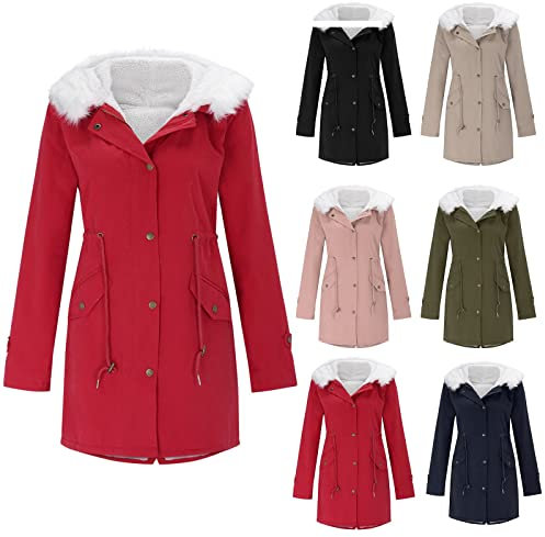 SRZYMJ Mantel Damen Herbst, Damen Wollfleece Mantel - Winter Jacke Damen Frauen Jacke mit verstellbarer Kapuze Windabweisend Gefüttert Kunstpelz Stola Marine Wollmantel Damen Lang S