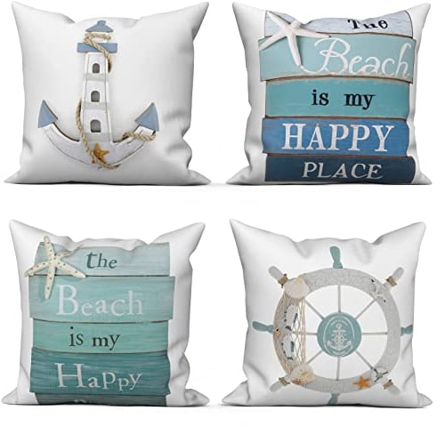 ASDCXZ Maritim Kissenbezug 45x45 cm 4er Set, Maritim Anker Seekompass Sandstrand Weiß Sofa Dekokissen Kissenbezüge Kissenhülle Waschbar Polyester Leinen Textil Polster Kopfkissenbezug Kissen Bezug