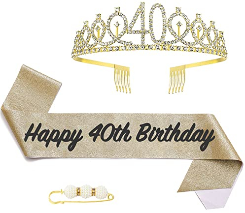 POPOYU 40 Geburtstag Krone und Schärpe,Krone 40. Geburtstag Frauen,40.Geburtstag Tiara Goldfarben,krone 40.,40 Jahre Geburtstag Mädchen Kopfbedeckung für Geburtstagsgeschenk Partyzubehör