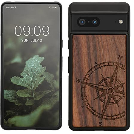 kwmobile Hülle kompatibel mit Google Pixel 7 Hülle - Holz Case - Handy Cover - TPU Handyhülle in Dunkelbraun Kompass Vintage