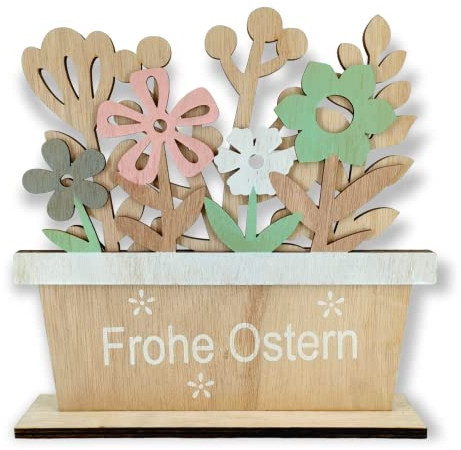 Holzdeko Schriftzug Frohe Ostern mit Blumen 22 x 23cm Osterdeko Tisch-Deko