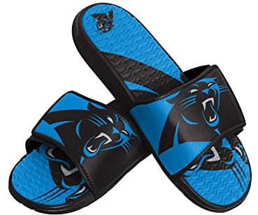 FOCO Carolina Panthers NFL Colorblock Big Logo Gel Slide Black Blue Badelatschen Hausschuhe - L